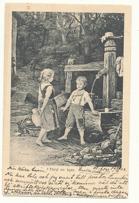 Lapset kaivolla - Carte Postale - kulk. 1902