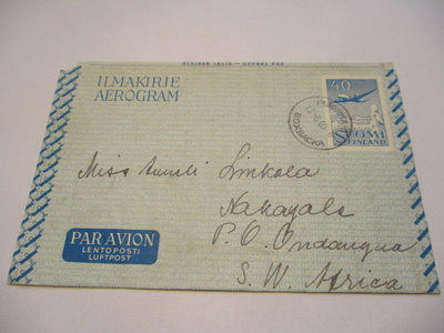 1960 Pukinmäki aerogrammin Namibiaan