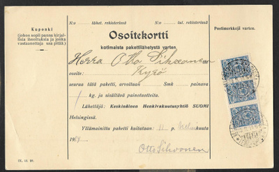 Pakettikortti - 20p 1911 (LAPE 3x64) Helsinki 10.2.1914