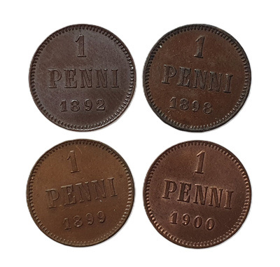 1 Penni 4 kpl. 1892-1900 Hyväkuntoinen erää!