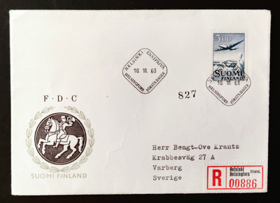 1963 FDC Yleismerkki 3,00 mk, R-kuori Ruotsiin