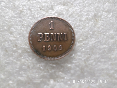 1  penni   1909  kulkematon  tasaisesti  hieman patinoitunut