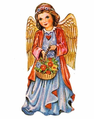 WS / Kaunis sinimekkoinen enkeli kukkakori kädessään.