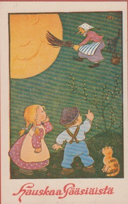H Sjöstedt Noita-akka lentää luudalla, lapset katsovat