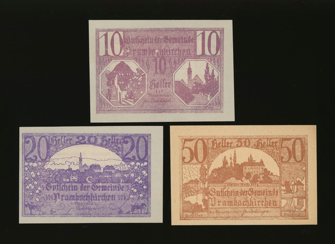 Itävalta Notgeld 10, 20, 50 Heller, Prambachkirchen 1920