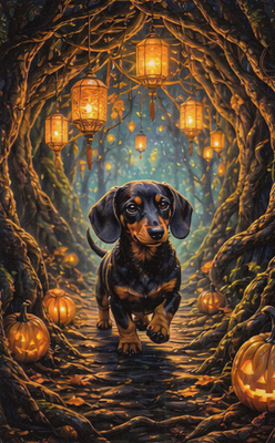 Mäyräkoira halloween-luolassa