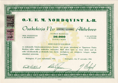 Osakekirja E.M. Nordqvist Oy Ab 1956 Helsinki.