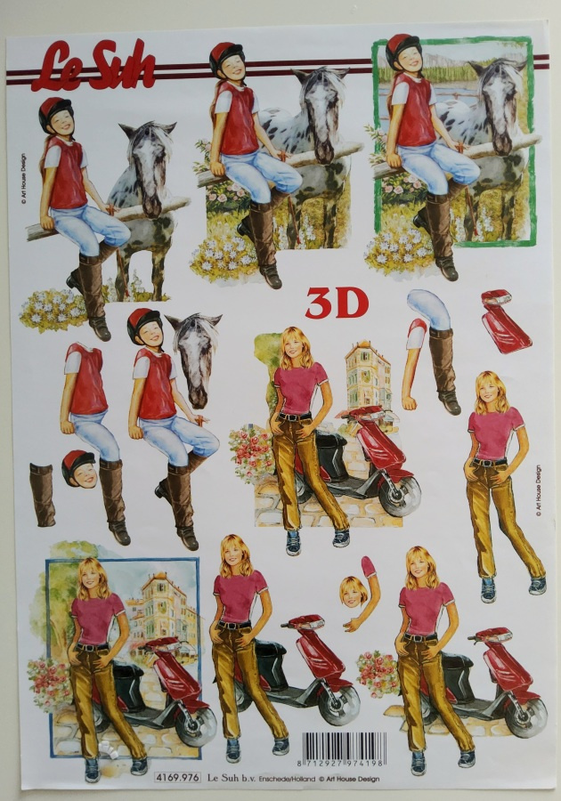 3D KORTTIKUVAT- "Tyttö ja hevonen/tyttö ja mopo..leikattava