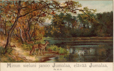 Vanha postikortti- maisema, kauriit ja psalmi