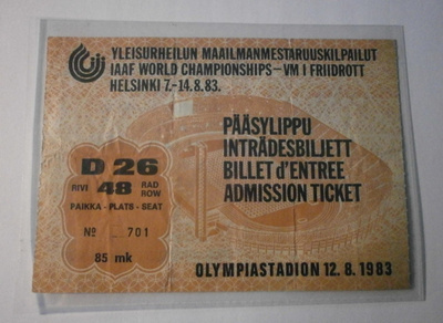Helsinki, Yleisurheilun MM-kisat 1983 pääsylippu 12.8.1983
