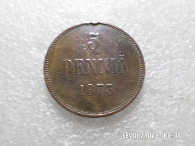 5 penniä 1873 kulkenut patinoitunut rahakehyksessä,