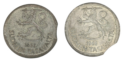 1 Markka 1966 2 KPL, reunasta puuttuu pala
