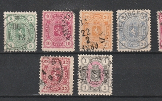 1875-1885 Vaakunamerkkejä 5p-1mk leimattuna