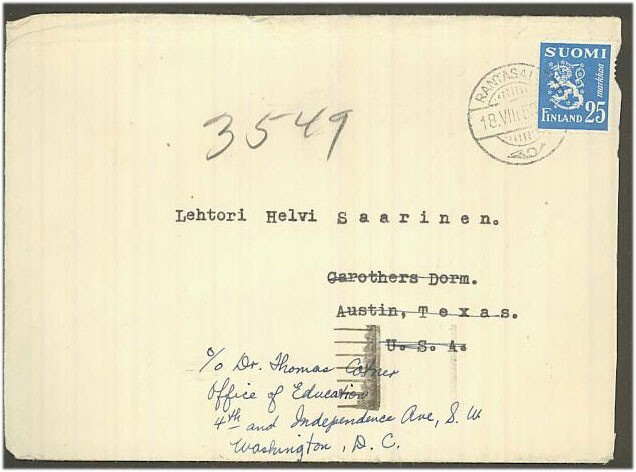 1952 25mk sininen leijona kirje USAhan