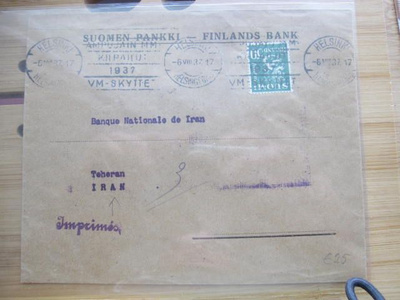Suomen pankin kuori Iraniin vuodelta 1937 tuloleimoin