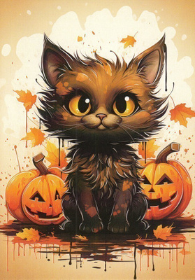 Halloween ruskea kissa ja kurpitsat