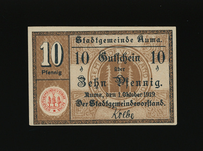 Saksa Notgeld 10 Pfennig, Auma 1.10.1919
