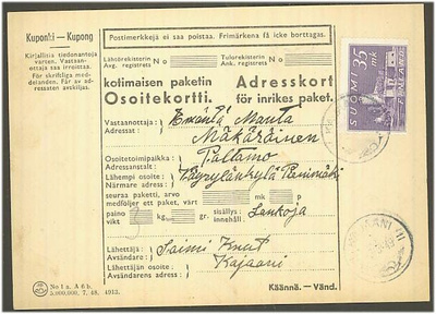 1948 35mk Olavinlinna pakettikortti
