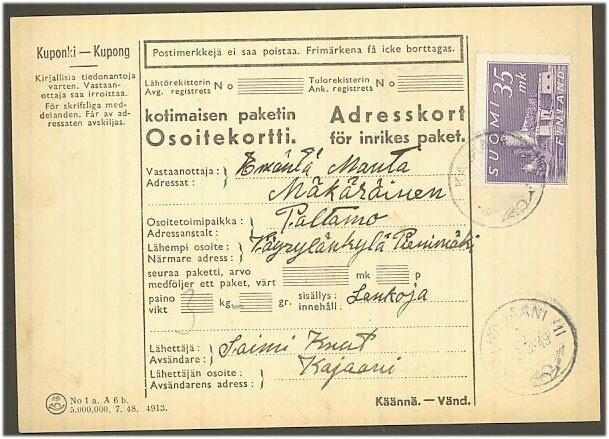 1948 35mk Olavinlinna pakettikortti