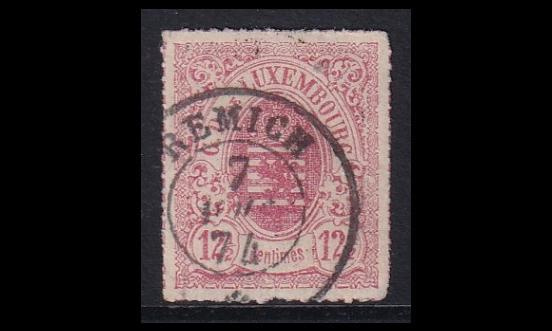 Luxemburg 18 o Vaakuna 12½ C Remich 7.x.74 kaunis (1865)