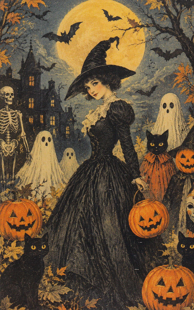 Halloween porukkaa, noita ja kummitukset