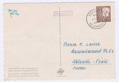 PAQUEBOT -leima 1963 ruotsal.kortil, Hgin saap.-leima