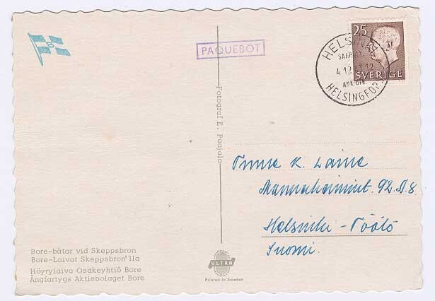PAQUEBOT -leima 1963 ruotsal.kortil, Hgin saap.-leima