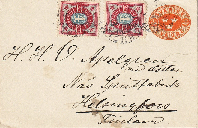1892 2Äyrin ehiökortti 2x4Äyrin lisämerkillä Suomeen