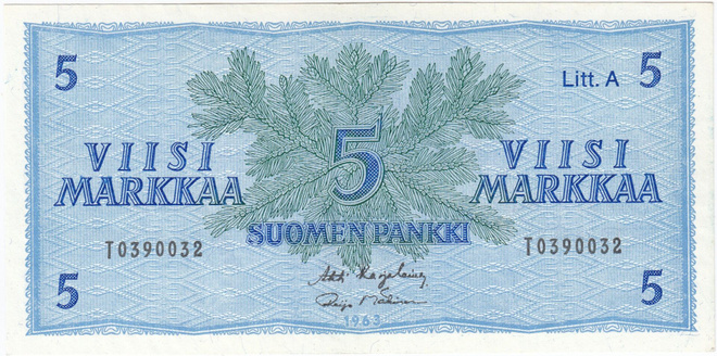 5 Markkaa 1963 Litt.A T-sarjaa, kl.8
