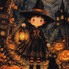 Halloween noitatyttö ja kissa, valaistut kurpitsat - pikkukuva 1