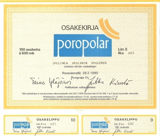 OKK 1990 Poropolar Oy spec, Rovaniemi osakekirja