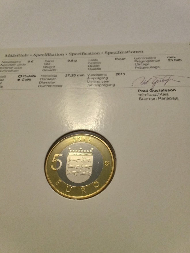 Suomi 5 euroa 2011 proof pohjanmaan maakuntaraha