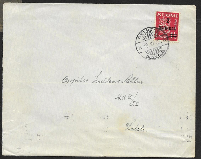 Postilähetys - Yl.m. 2/1,50mk (LAPE 202) Pälkäne 13.6.1937