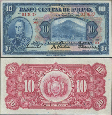 Bolivia 10 Bolivianos 1928 (P-121a) Serie M4 013637 XF+/AU-