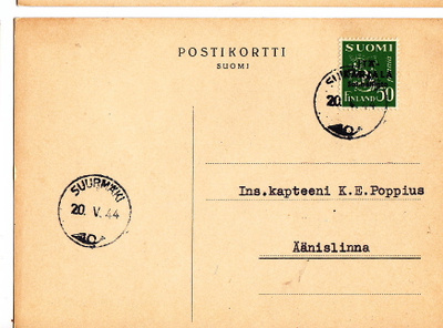Postikortti Itä-Karjala Sot.Hallinto Suurmäki Leima 1944