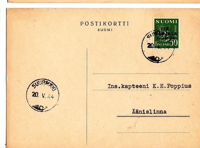 Postikortti Itä-Karjala Sot.Hallinto Suurmäki Leima 1944