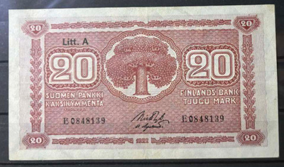 20 Markkaa 1922 LITT A Vaikea Seteli KL7-8