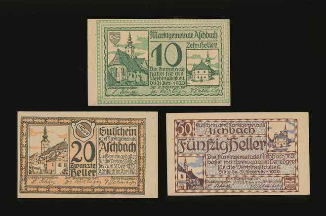 Itävalta Notgeld 10, 20, 50 Heller, Aschbach 1920