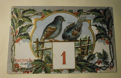 Ikkunakortti linnut, koristeita, Uuden Vuoden pk, p. 1910
