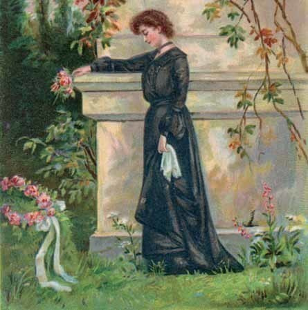 ANTIIKKIKORTTI / Ikävöivä tyttö puistikossa. 1900-l.