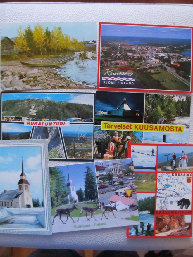 KUUSAMO.....7 erilaista väripostikorttia.