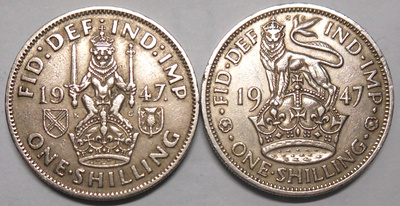 Britania. One shilling 1947, kaksi erilaista.