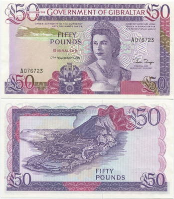 Gibraltar 50 Pounds v.1986 (P-24) UNC QEII harvinaisempi