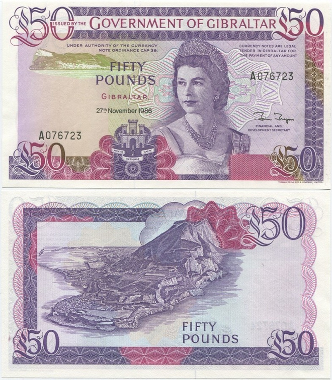 Gibraltar 50 Pounds v.1986 (P-24) UNC QEII harvinaisempi