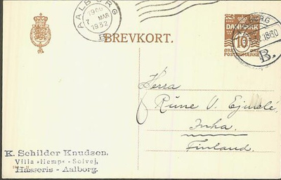 Tanska 1932 ehiökortti Suomeen