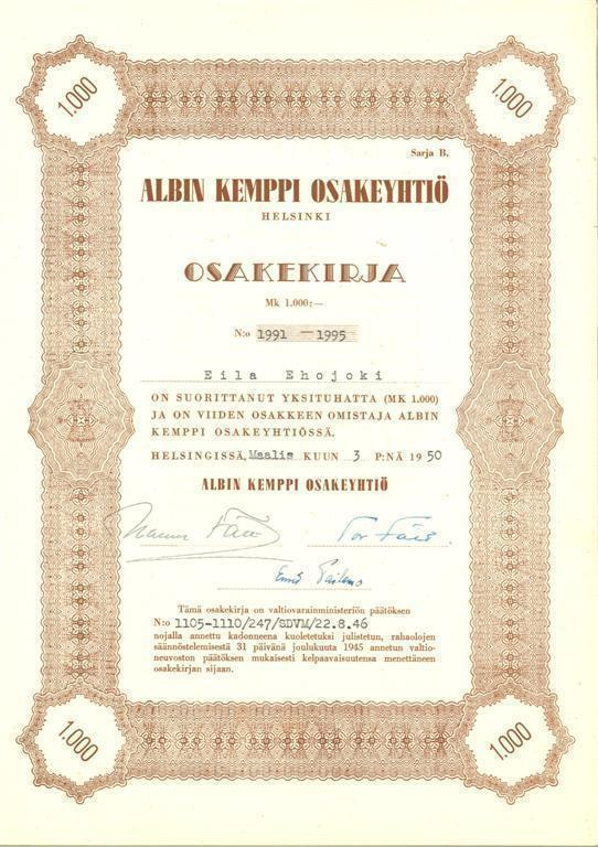 OKK 1950 Albin Kemppi Oy, Helsinki osakekirja