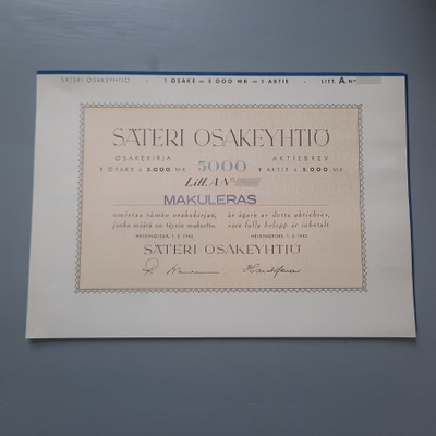 osakekirja Säteri oy HKI 1942 makuloitu