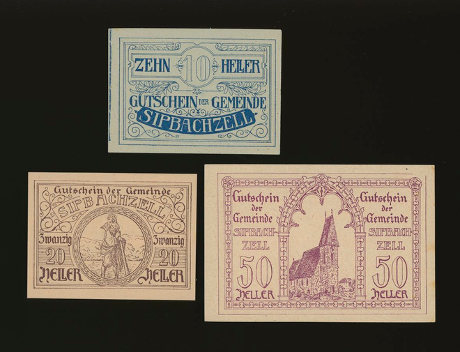 Itävalta Notgeld 10, 20, 50 Heller, Sipbachzell 1920