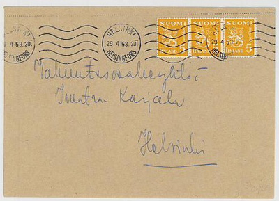 1946 5mk keltainen 3-rivilö paikalliskirjeellä 1953