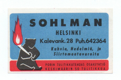 Porin Tulitikkutehdas  SOHLMAN. HELSINKI